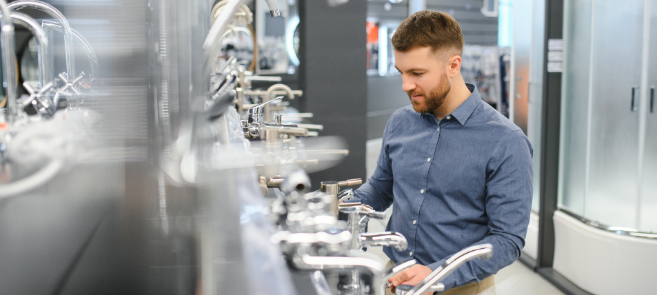 Person examining plumbing fixtures
